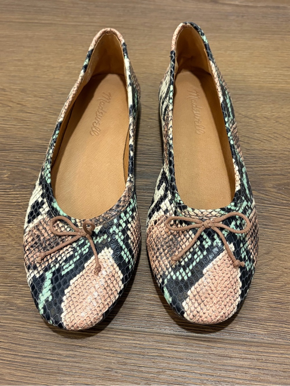 Madewell | Adelle Snakeskin Print Ballet Flats Womens Size 5.5 Beige Black bow - Picture 3 of 10
